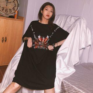Elbow-sleeve Sequined T-shirt Dress Black - One Size