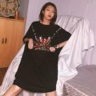 Elbow-sleeve Sequined T-shirt Dress Black - One Size