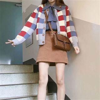 Plaid Buttoned Knot Jacket / A-line Mini Skirt / Shirt
