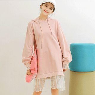 Lace Panel Hoodie Dress Pink - One Size