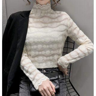 Long-sleeve Mock-neck Eyelet Lace Top