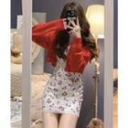Spaghetti-strap Cherry Print Mini Sheath Dress / Cardigan