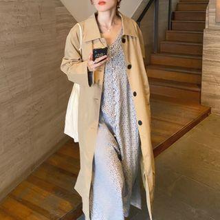 Long Button Jacket / Long-sleeve Floral Print A-line Midi Dress