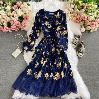 Long Sleeve Lace Panel Floral Print Maxi Dress