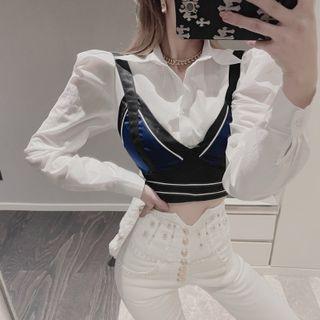 Puff-sleeve Crop Shirt / Camisole Top / Faux Pearl Embellished Skinny Pants