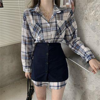 Set: Plaid Long-sleeve Shirt + Plain Corset Blue - One Size