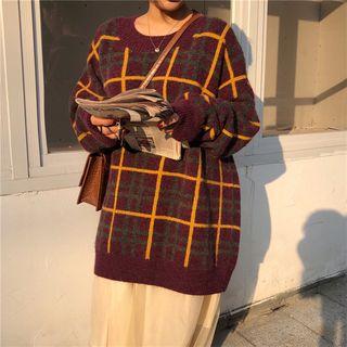 Plaid Sweater / High Waist Midi Straight-fit Skirt
