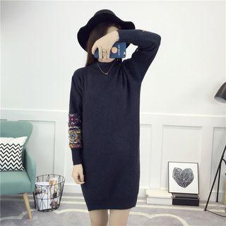 Long-sleeve Mock-neck Patterned Panel Knit Mini Dress