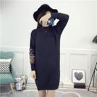 Long-sleeve Mock-neck Patterned Panel Knit Mini Dress