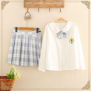 Bear Embroidered Bow-detail Shirt / Gingham Mini Skirt