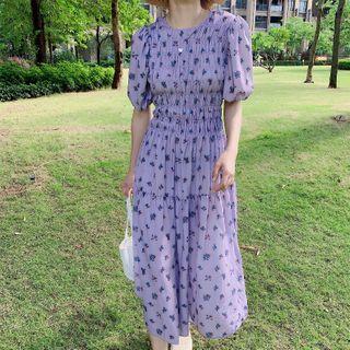 Puff-sleeve Floral Shirred Dress