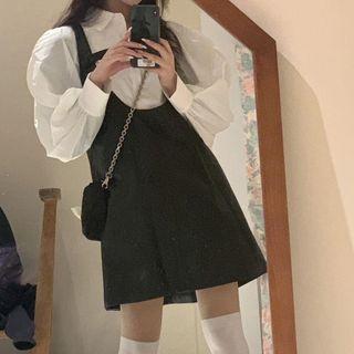 Puff-sleeve Blouse / Faux Leather Overall Dress / Set
