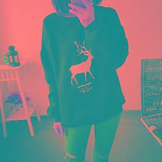 Deer Print Fleece-lined Sweatshirt