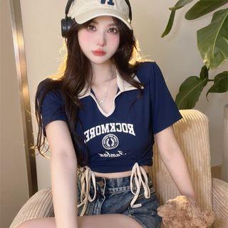 V-neck Lettering Lace-up Cropped Top