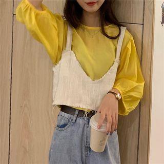 Puff-sleeve Blouse / Wide Strap Frayed Edge Top