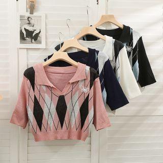 Argyle Short-sleeve Knit Crop Top