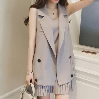 Set: Double-breasted Vest + Pleated Strappy Dress