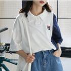 Elbow-sleeve Polo Collar Top As Shown In Figure - One Size