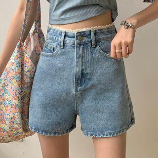 Lace Trim High-waist Denim Shorts