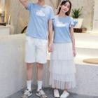 Couple Matching Short-sleeve Angel Printed T-shirt / Mesh Maxi Tiered Skirt / Shorts / Set