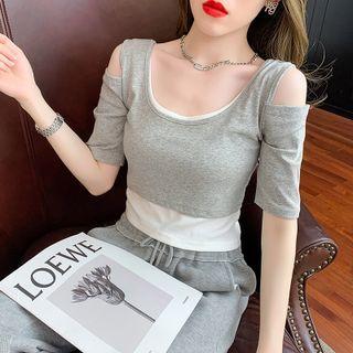 Cold-shoulder Mock Two-piece Cropped T-shirt