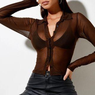 Long Sleeves Button Up See Through Shirt