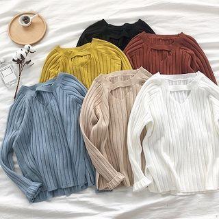 Plain Cut Out V-neck Long-sleeve Top