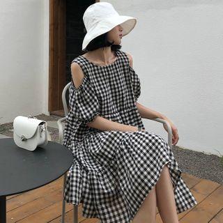 Cold Shoulder Short-sleeve Gingham Mini A-line Dress