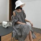 Cold Shoulder Short-sleeve Gingham Mini A-line Dress