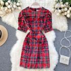 Short-sleeve Plaid Velvet Midi A-line Dress