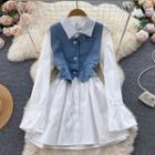 Set Of 2 : Long-sleeve Lapel Dress + Sleeveless V-neck Denim Top