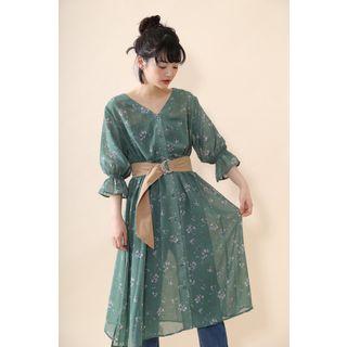 Floral Print 3/4 Sleeve Long Chiffon Jacket
