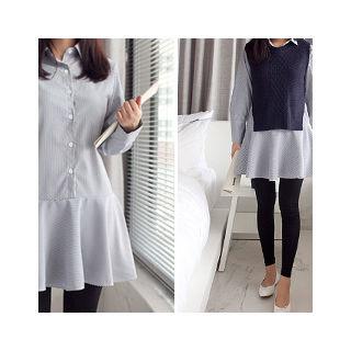 Set: Striped Shirtdress + Slit-side Knit Vest
