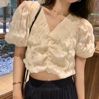 Puff-sleeve Shirred V-neck Cropped Blouse