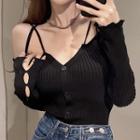 Long-sleeve Off-shoulder Button-up Knit Crop Top Black - One Size
