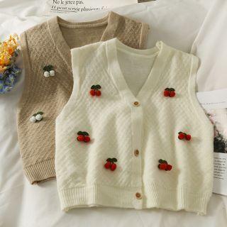 Cherry-accent Button-up Knit Vest