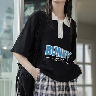 Short-sleeve Collar Lettering T-shirt Black - One Size
