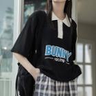 Short-sleeve Collar Lettering T-shirt Black - One Size