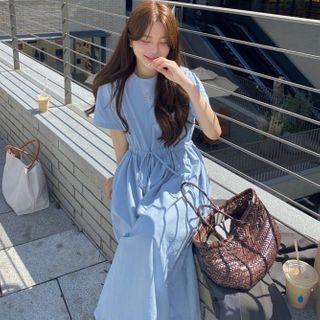Plain Drawstring Short-sleeve Midi Dress Blue - One Size