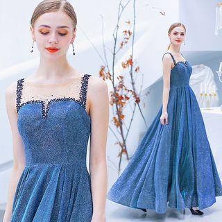 Mesh Panel Sleeveless A-line Evening Gown