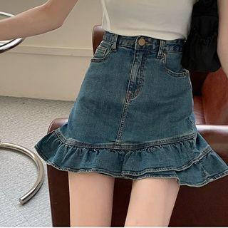 Frill Trim Mini Mermaid Denim Skirt