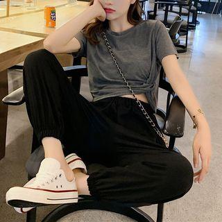 Set: Short-sleeve Knotted Cropped T-shirt + Harem Pants