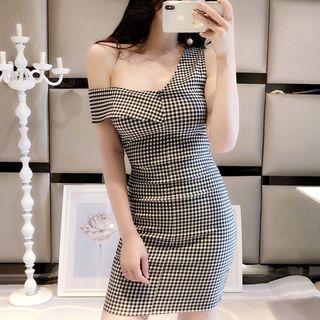 Plaid One Shoulder Sheath Dress