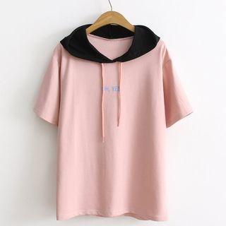 Lettering Short-sleeve Contrast Hood T-shirt