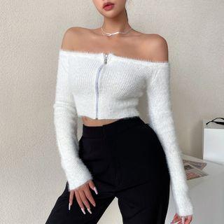 Long Sleeve Off-shoulder Plush Zip-up Crop Top