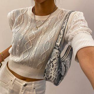 Elbow-sleeve Cable-knit Crop Top