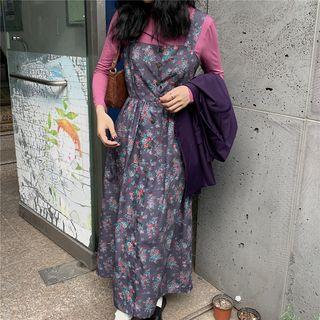 Double Breast Blazer / Long-sleeve Mock Neck Plain Top / Sleeveless Floral Printed Dress