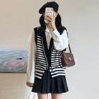 Striped Double-breasted Sweater Vest / Shirt / Pleated Mini A-line Skirt / Set