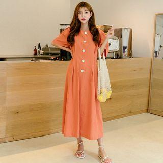 Puff-shoulder Pintuck Midi Dress
