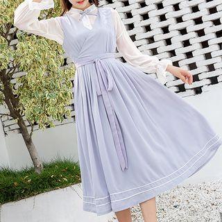 Set: Traditional Chinese Long-sleeve Top + Sleeveless Midi Dress